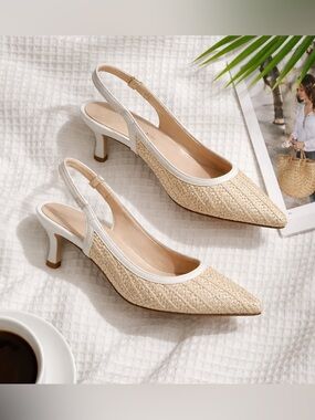 A NEW DAY Women's Beige Milan Raffia Pointy Toe Kitten Heel Slingback Shoes 8